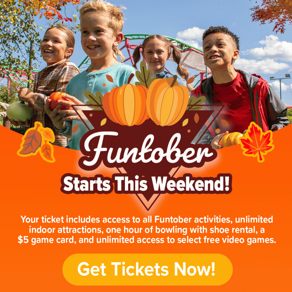 Funtober starts this weekend! Group of kids having fun in the park while holding pumpkins.