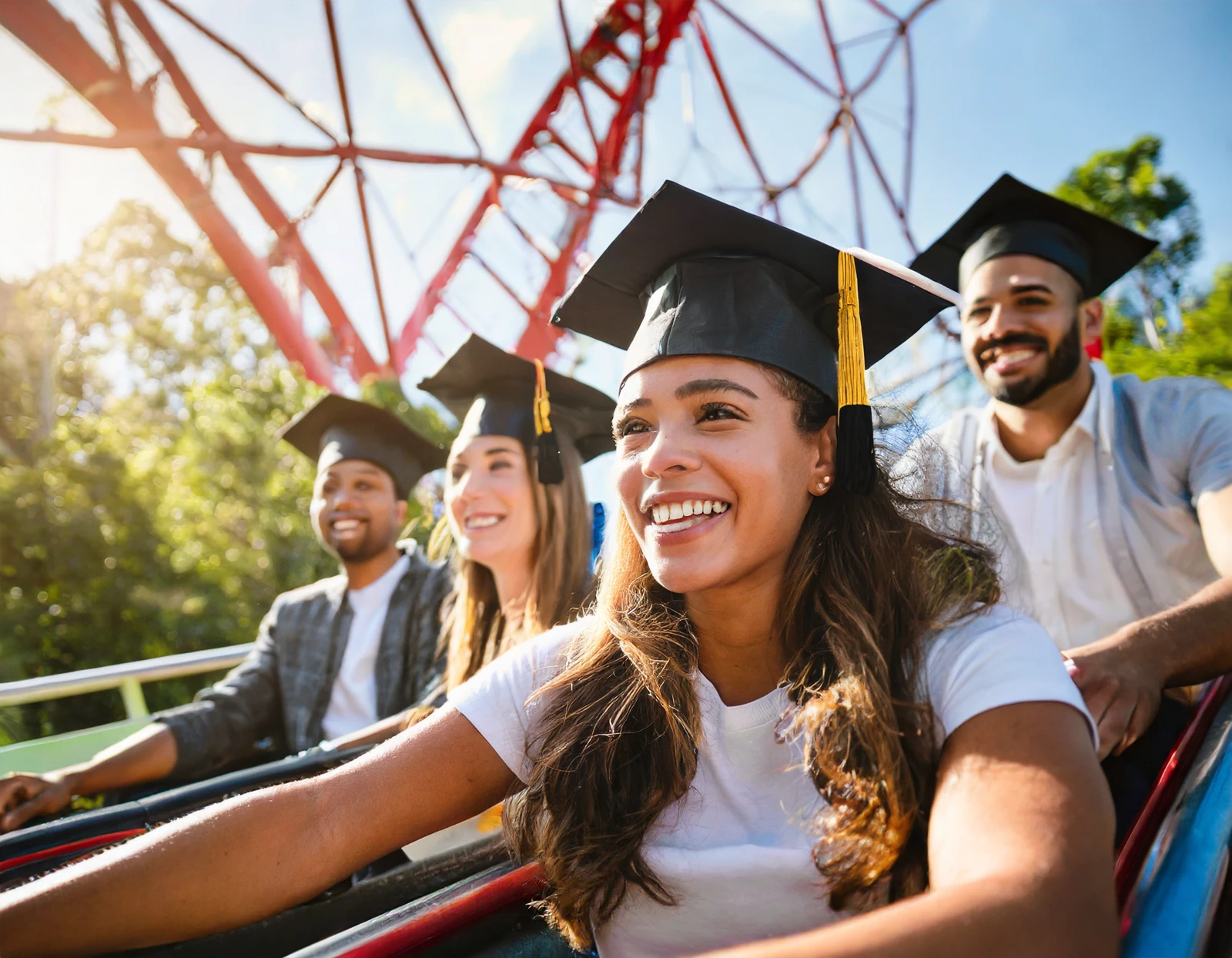 Firefly A group of friends wearing graduation caps riding a roller coaster 12602