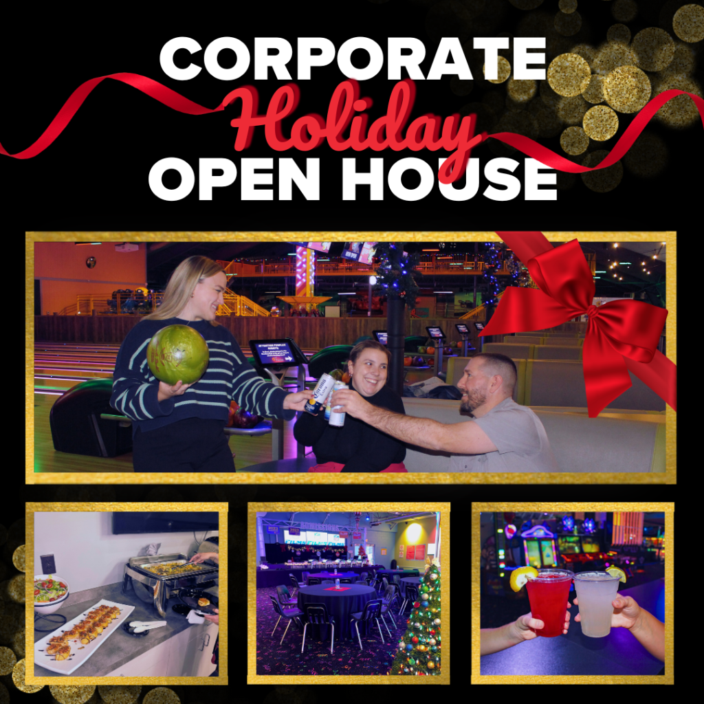 corporate holiday open house gold and red graphic