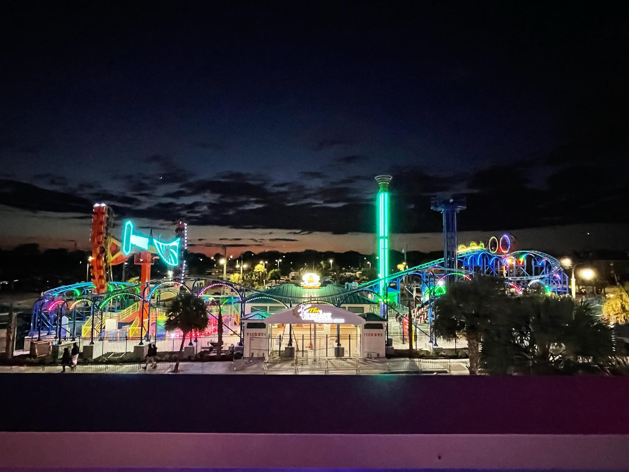 amusement park all lit up at night at Myrtle Beach