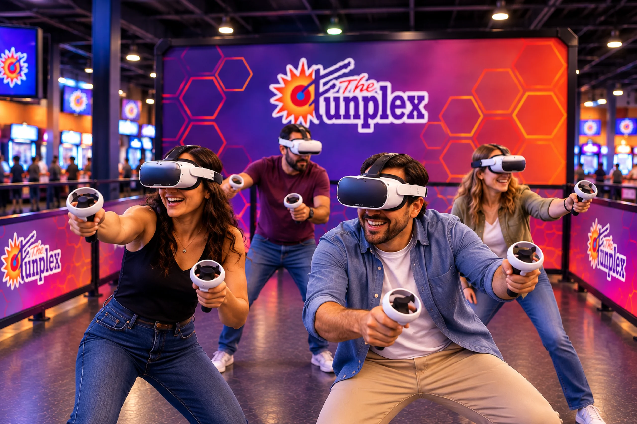 Corporate guests enjoying The Funplex VR Arena experience