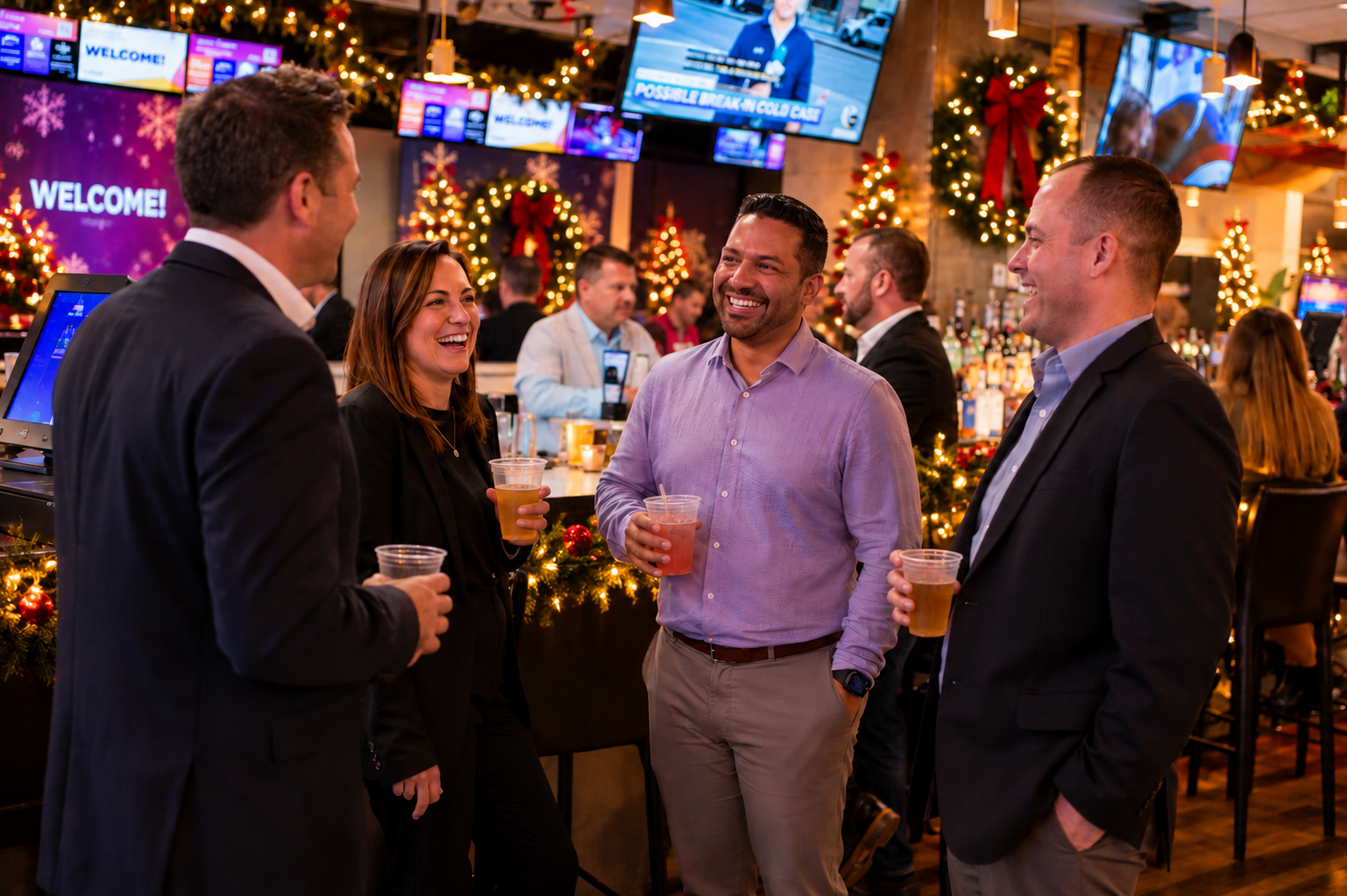 Guests networking at a festive holiday celebration at The Funplex